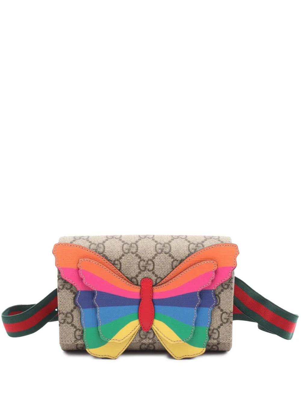 Pre-owned Gucci 2016-2025 Kids Gg Supreme Rainbow Butterfly Web Belt Bag In Brown