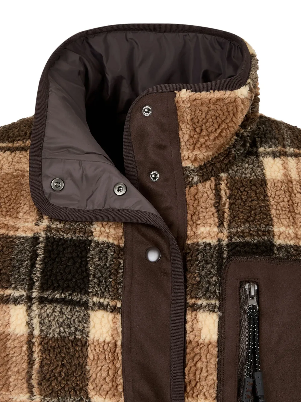 Studio Tomboy Reversible Checkered Fleece Jacket In Brown
