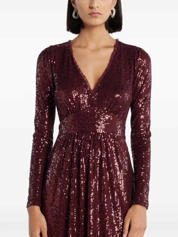 needle and thread red sequin dress Scallop Sequin Round Neck Ankle Gown