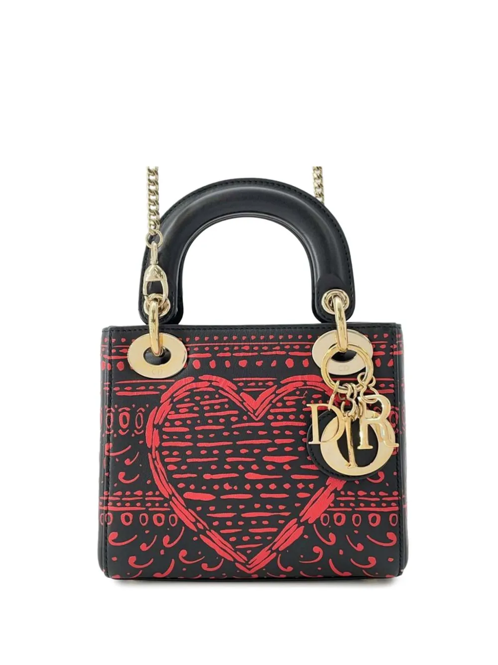 Pre-owned Dior 2015-2025 Mini Smooth Calfskin Painted Heart Clover Lady  Satchel In Black