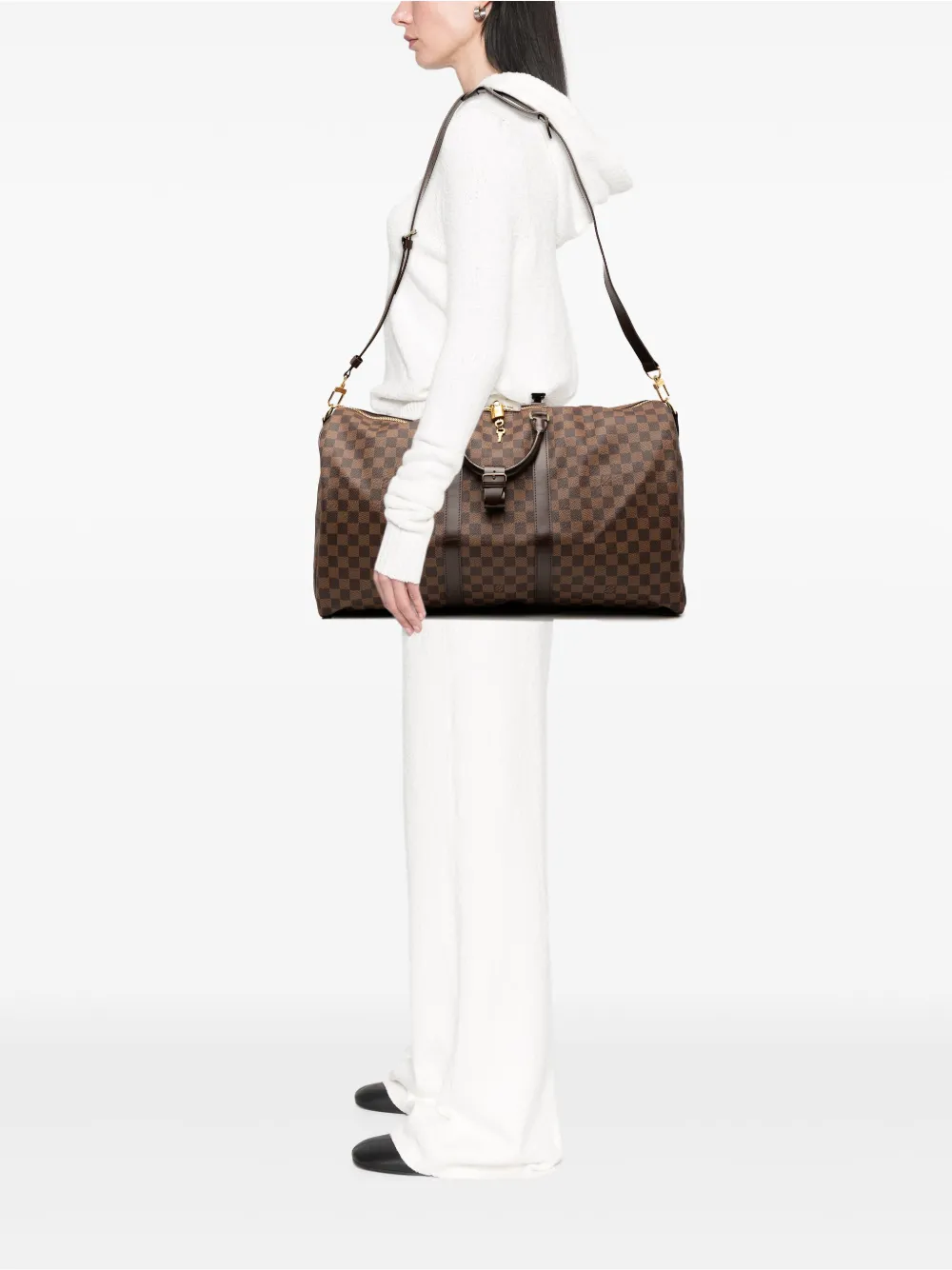 Pre-owned Louis Vuitton 2009 Damier Ebene Keepall Bandouliere 55 Travel Bag In Brown