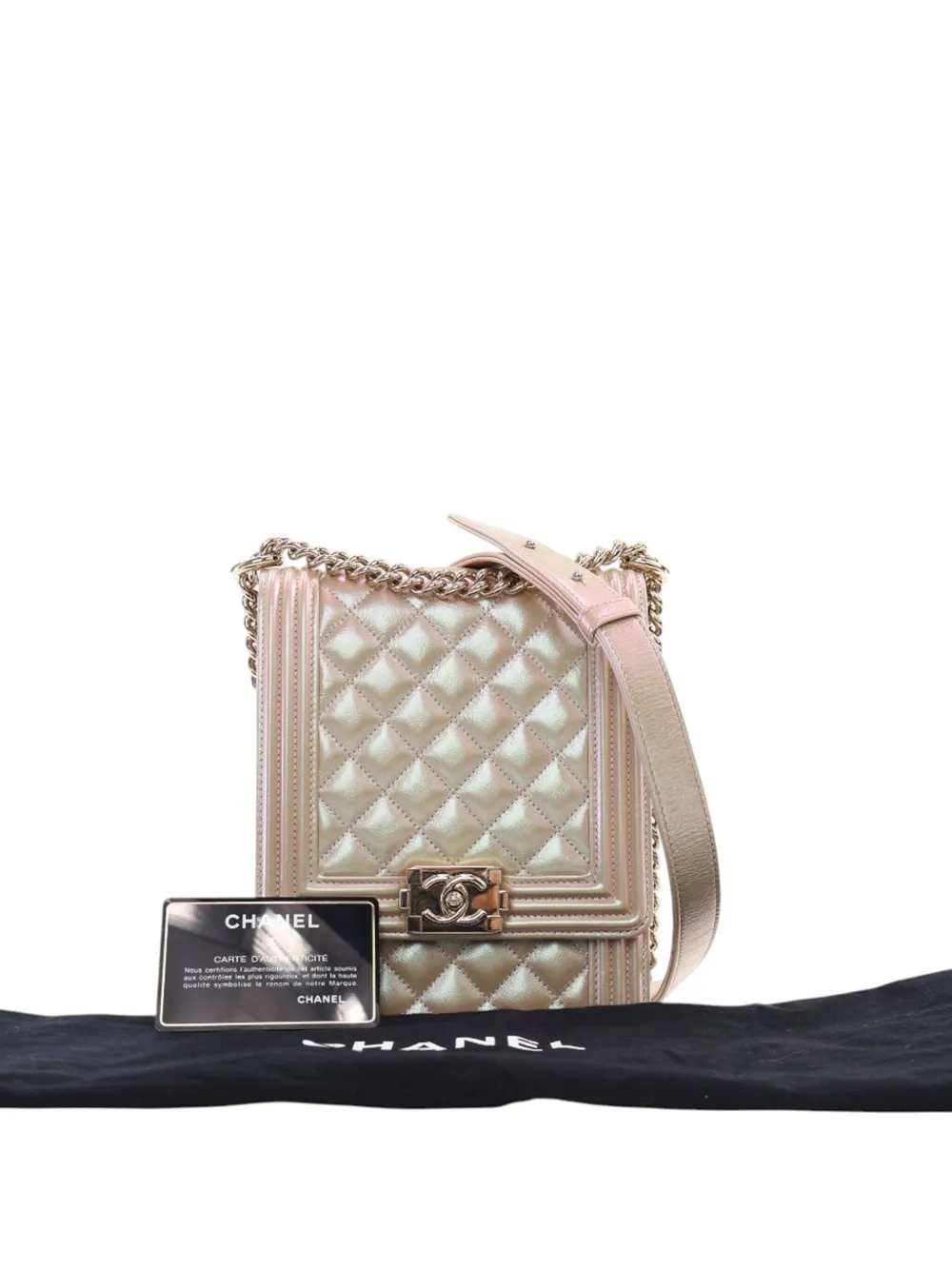 Pre-owned Chanel 2019 Quilted Iridescent Calfskin North South Boy Flap Crossbody Bag In Gold