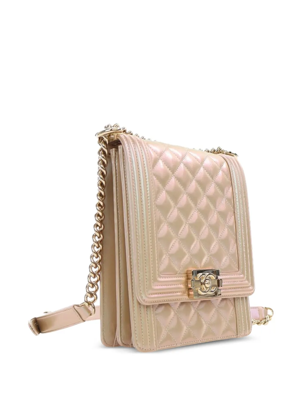 Pre-owned Chanel 2019 Quilted Iridescent Calfskin North South Boy Flap Crossbody Bag In Gold