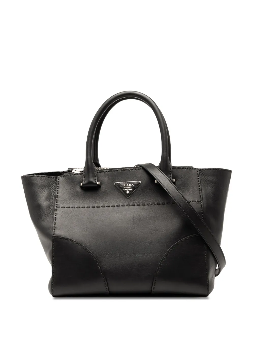 Prada Pre-Owned 2010-2025 スモール シティ カーフ ステッチ ツインポケット サッチェルバッグ - ブラック Prada Pre-Owned 2010-2025 スモール シティ カーフ ステッチ ツインポケット サッチェルバッグ - ブラック