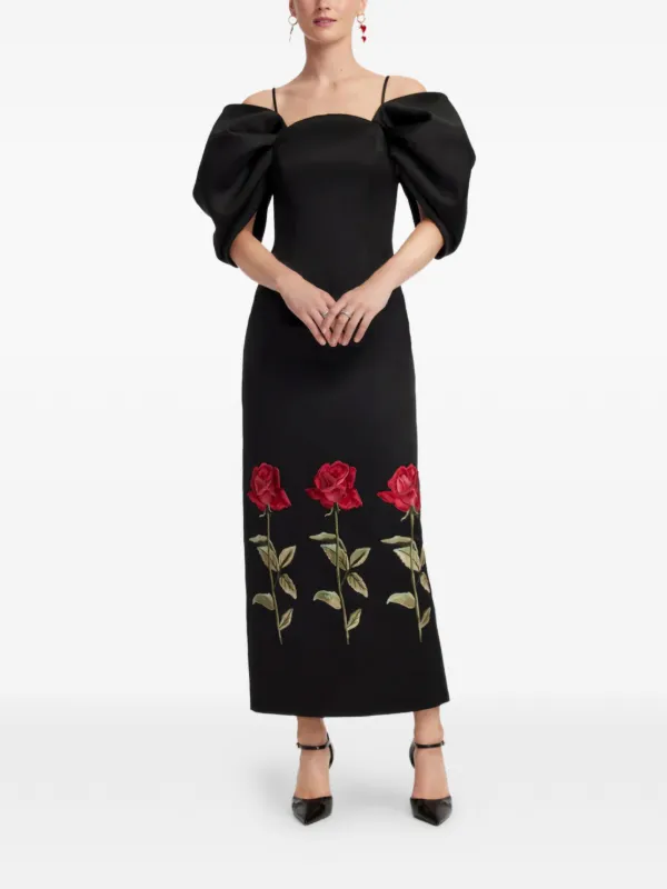 Leo Lin Arabella puff-sleeve Floral Midi Dress | Black | FARFETCH