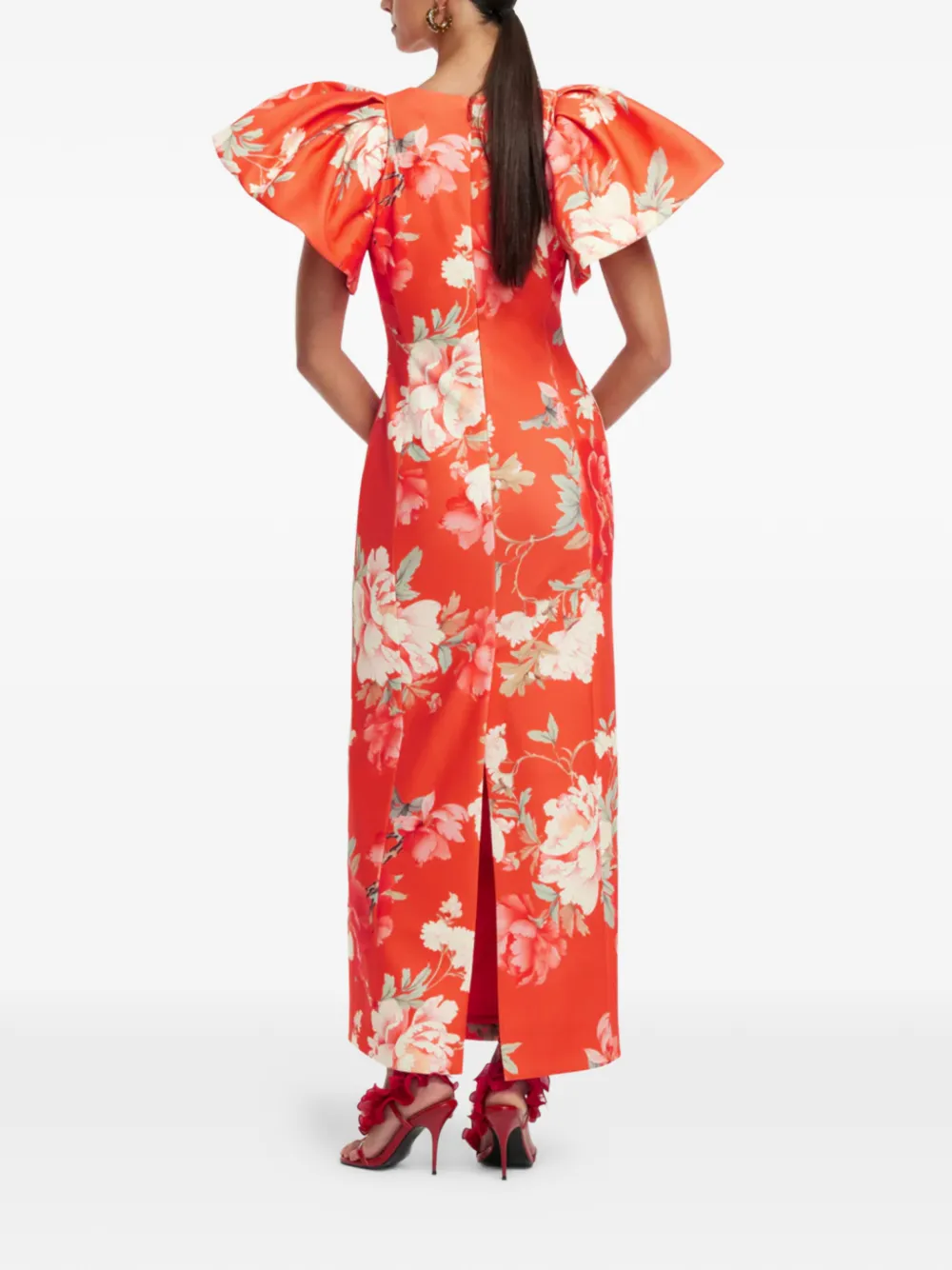 Leo Lin Lucinda midi-jurk met pofmouwen en bloemen Oranje