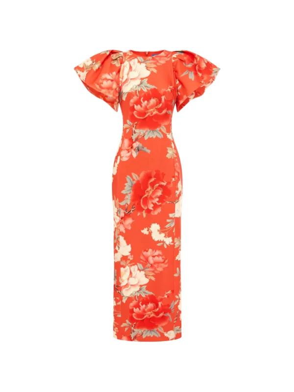 Leo Lin Lucinda Floral Puffed-sleeves Midi Dress in Orange