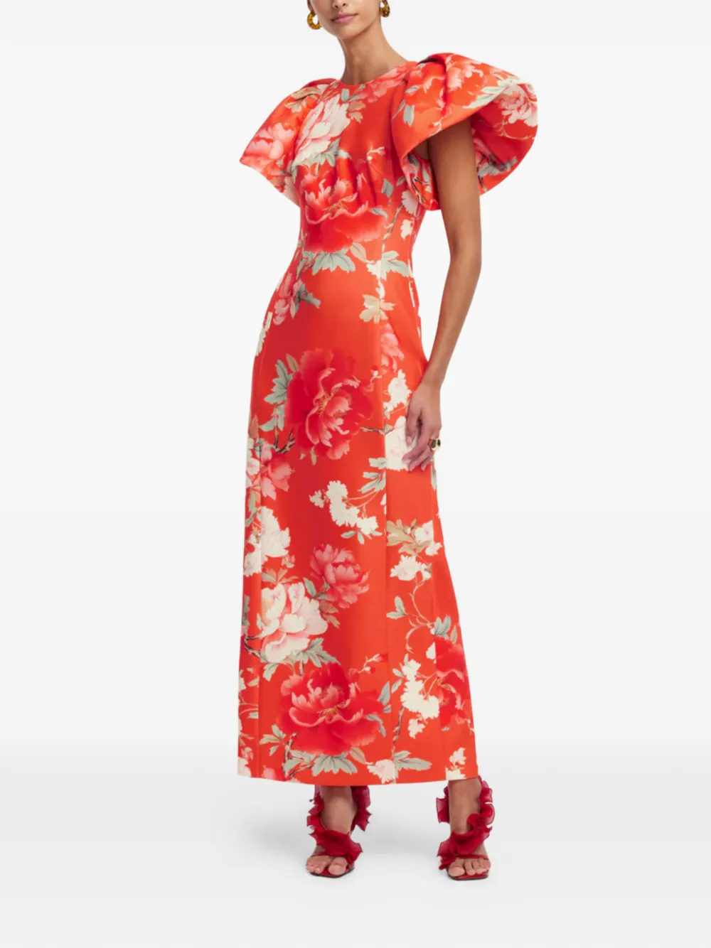 Leo Lin Lucinda midi-jurk met pofmouwen en bloemen Oranje