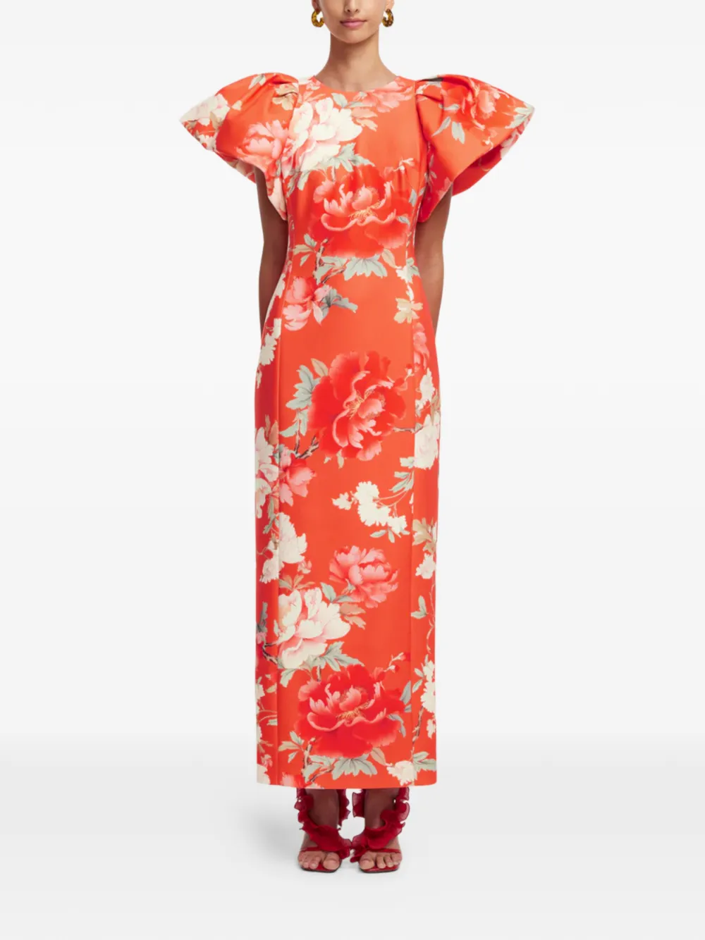 Leo Lin Lucinda midi-jurk met pofmouwen en bloemen Oranje