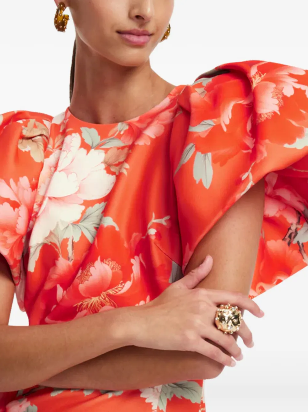 Leo Lin Lucinda midi-jurk met pofmouwen en bloemen Oranje