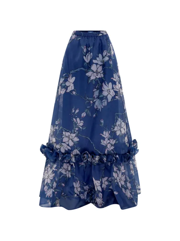 Leo Lin Paige Ruffled Floral Maxi Skirt in Blue