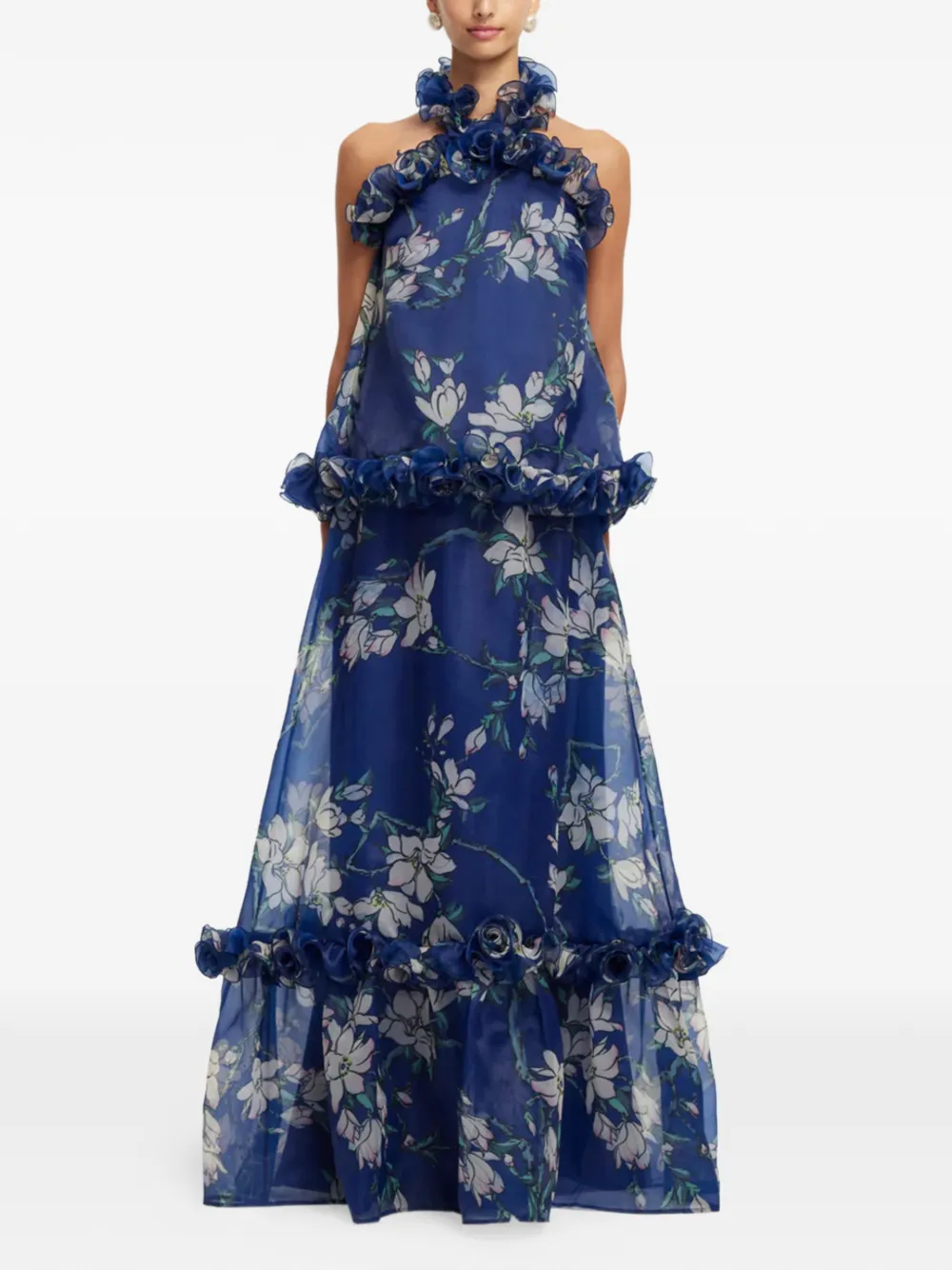 Leo Lin Paige maxi-rok met ruches en bloemenprint Blauw