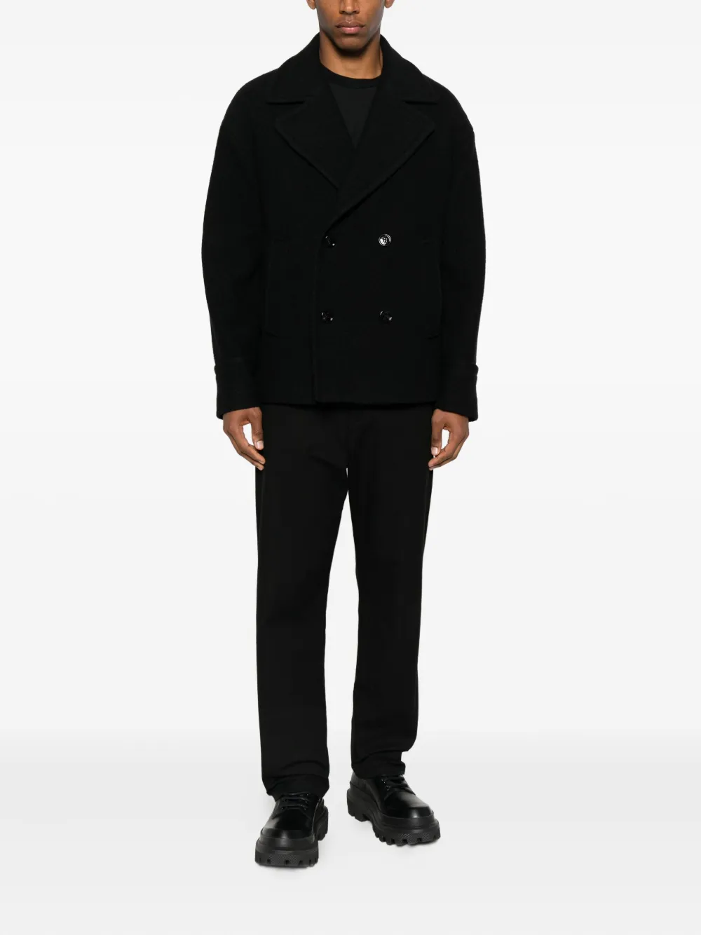 Les Hommes Urban Double-breasted Coat In Black