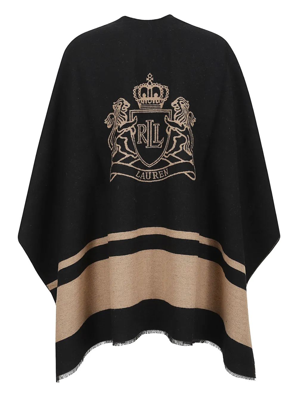 Ralph Lauren Striped Fringed Poncho In Black