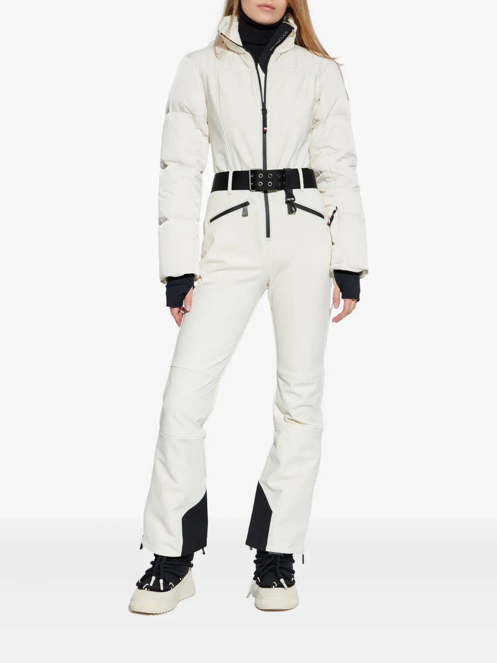 Moncler Tailored Suit With Belted Waist And Quilted Sleeves In White