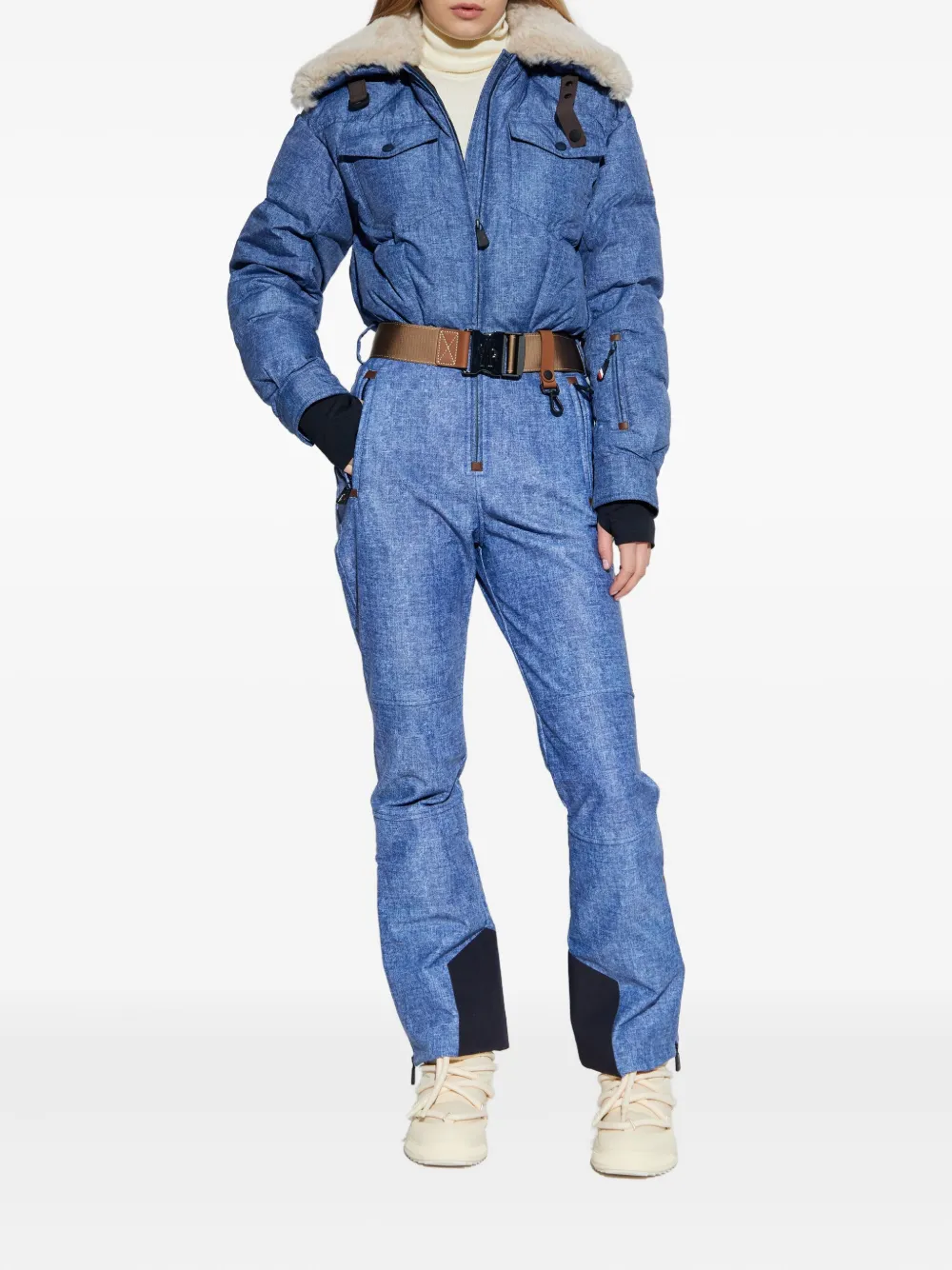 Moncler Shearling Belted Ski Suit In Blue