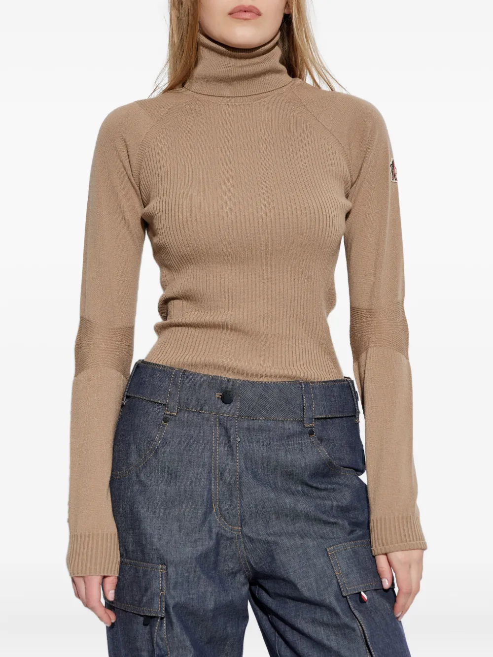 Moncler Logo-appliqué Ribbed-knit Jumper In Neutral