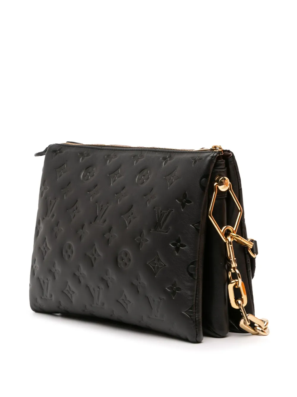 Pre-owned Louis Vuitton 2021-2025 Monogram Embossed Puffy Lambskin Coussin Pm Satchel In Black