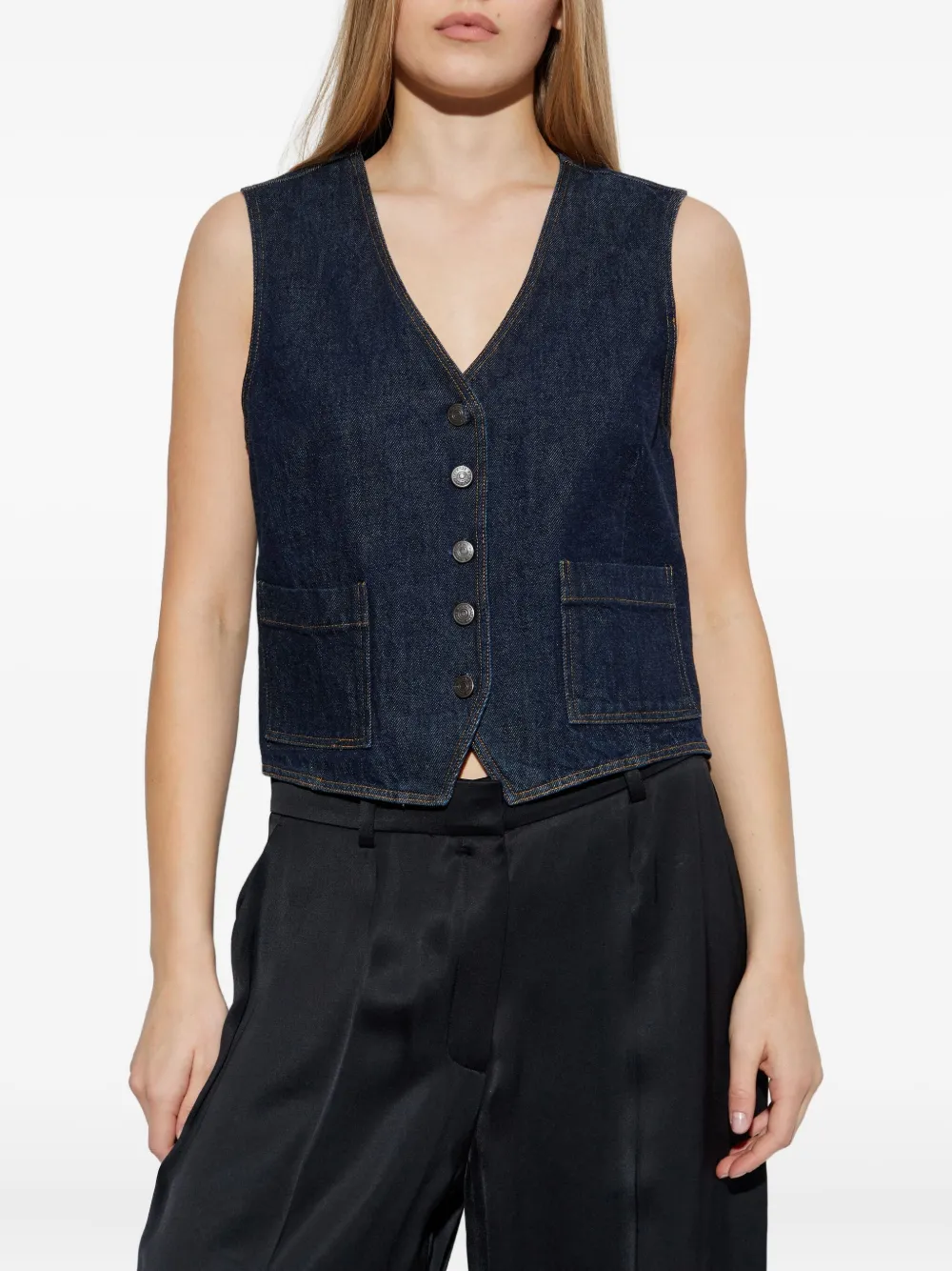Frame Buttoned Pocketed Denim Waistcoat In Blue