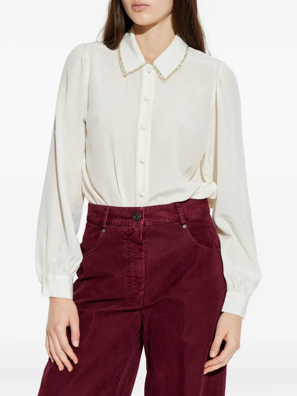 Frame Embellished Collared Blouse In Neutral