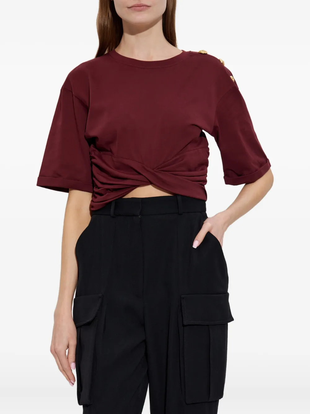 Balmain Cropped T-shirt Featuring Knotted Detail In Red