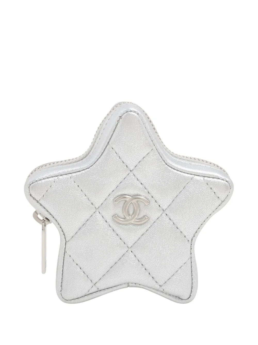 Pre-owned Chanel 2021-2025 Metallic Lambskin Walk Of Fame Star Clip On Purse Coin Pouch In Silver