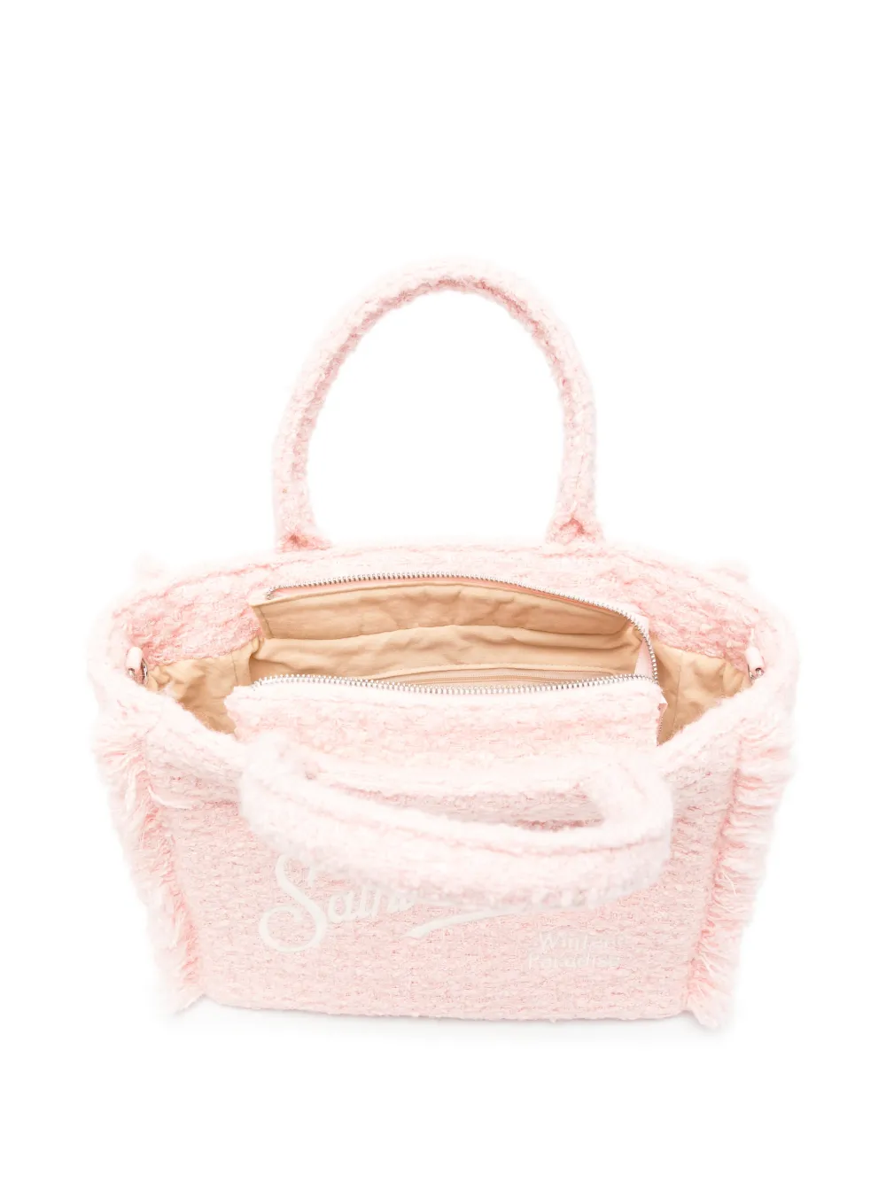 Mc2 Saint Barth Medium Collete Tweed Fringed Embroidered Tote Bag In Pink