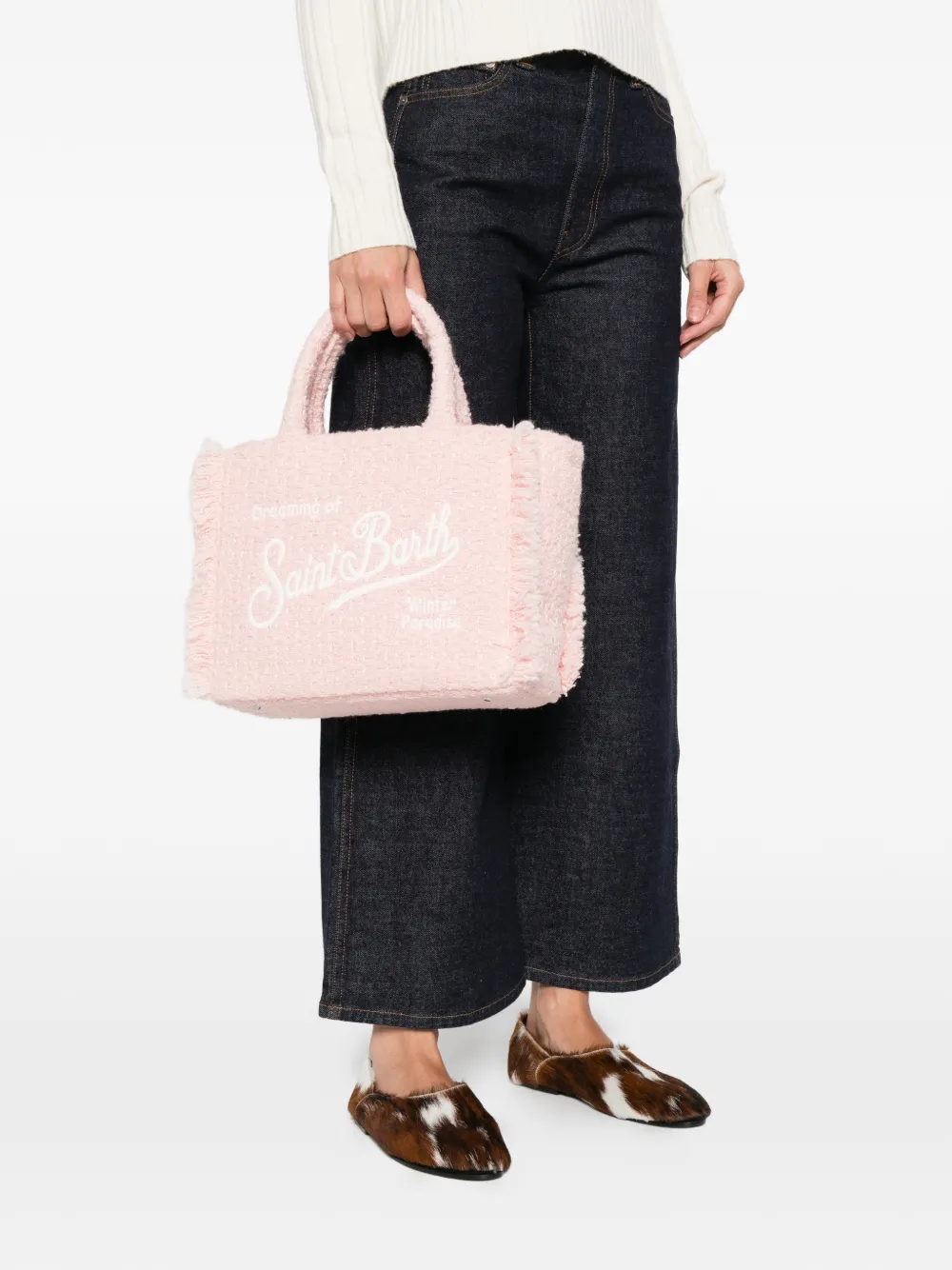 Mc2 Saint Barth Medium Collete Tweed Fringed Embroidered Tote Bag In Pink
