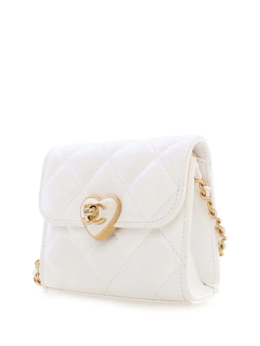 Pre-owned Chanel 2021-2025 Mini Quilted Lambskin Cc Enamel Heart Clutch With Chain Crossbody Bag In White
