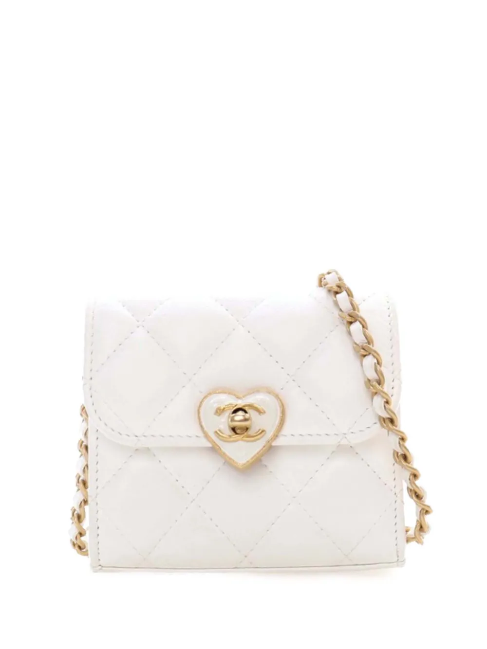 Pre-owned Chanel 2021-2025 Mini Quilted Lambskin Cc Enamel Heart Clutch With Chain Crossbody Bag In White