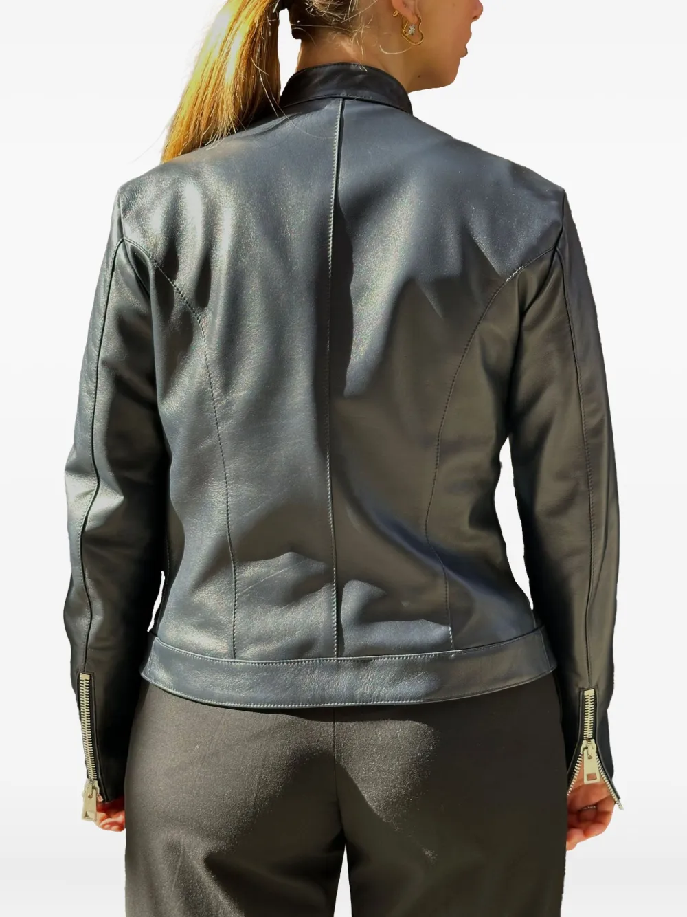zip-up leather bomber jacket