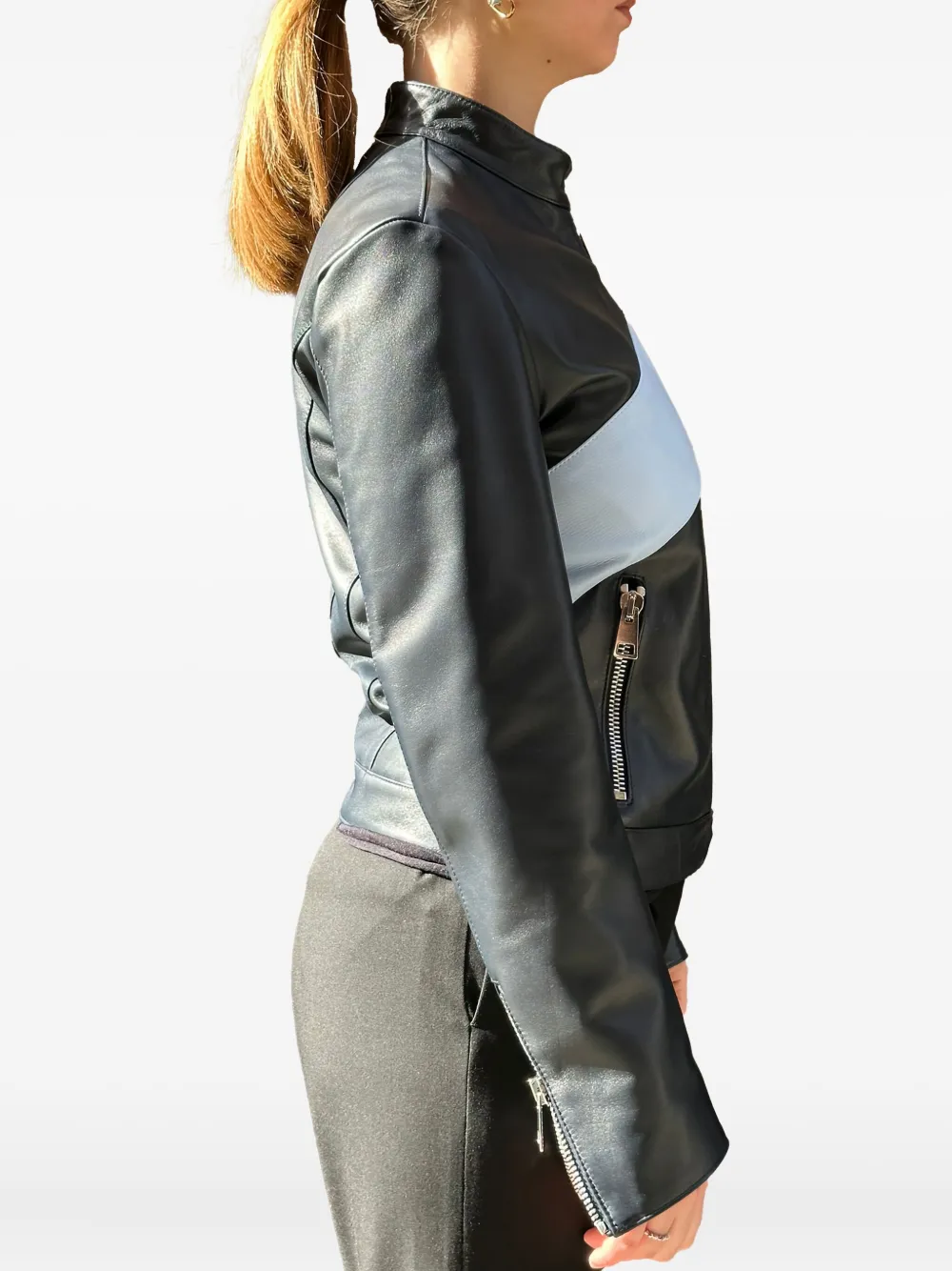  La-rose Zip-up Leather Bomber Jacket - Black 