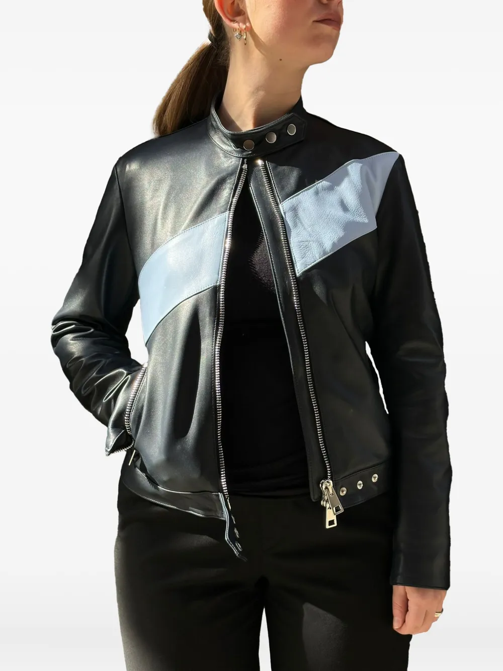  La-rose Zip-up Leather Bomber Jacket - Black 