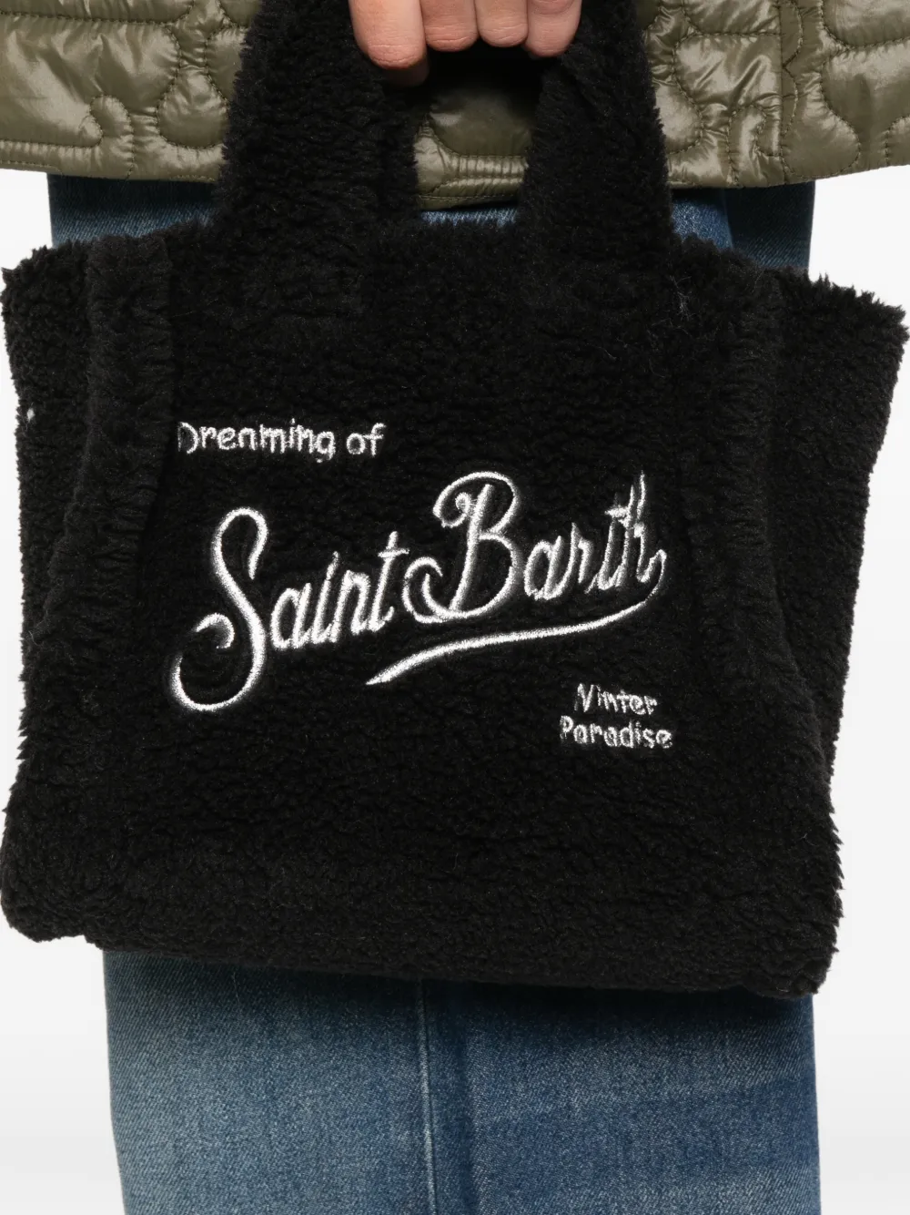 Mc2 Saint Barth Mini Vanity Teddy Embroidered Tote Bag In Black