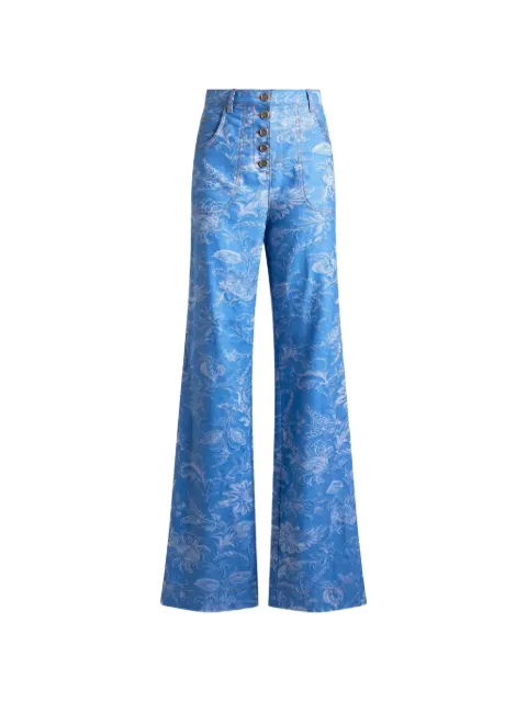 ETRO flared cotton and linen jacquard denim jeans with floral motif