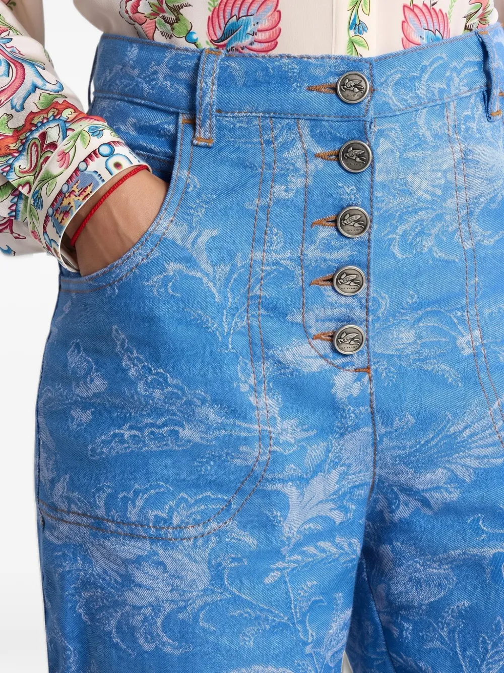 ETRO Flared denim jeans met katoenen en linnen jacquard en bloemenpatroon Blauw