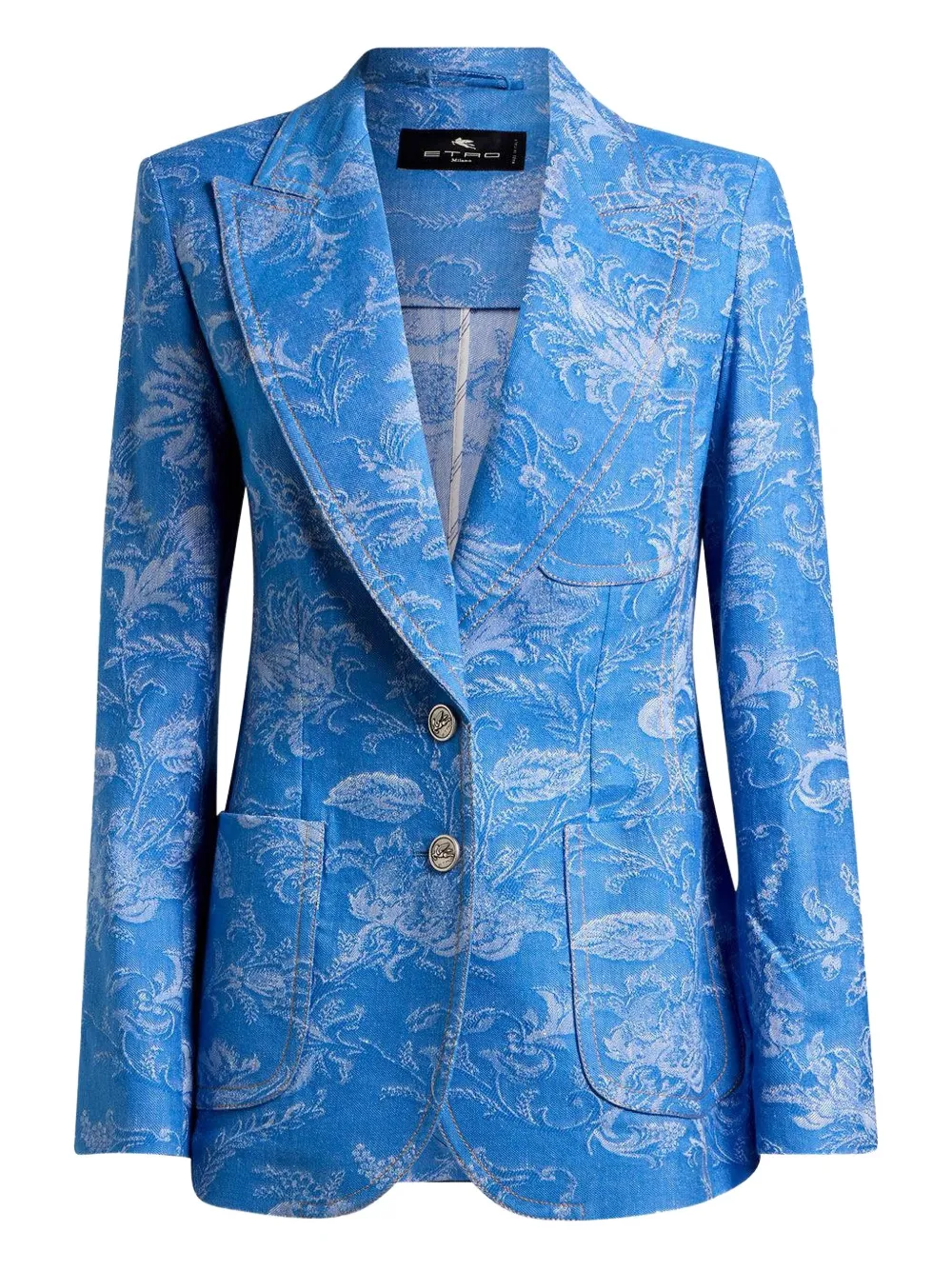 Etro Printed-brocade Jacket In Blue