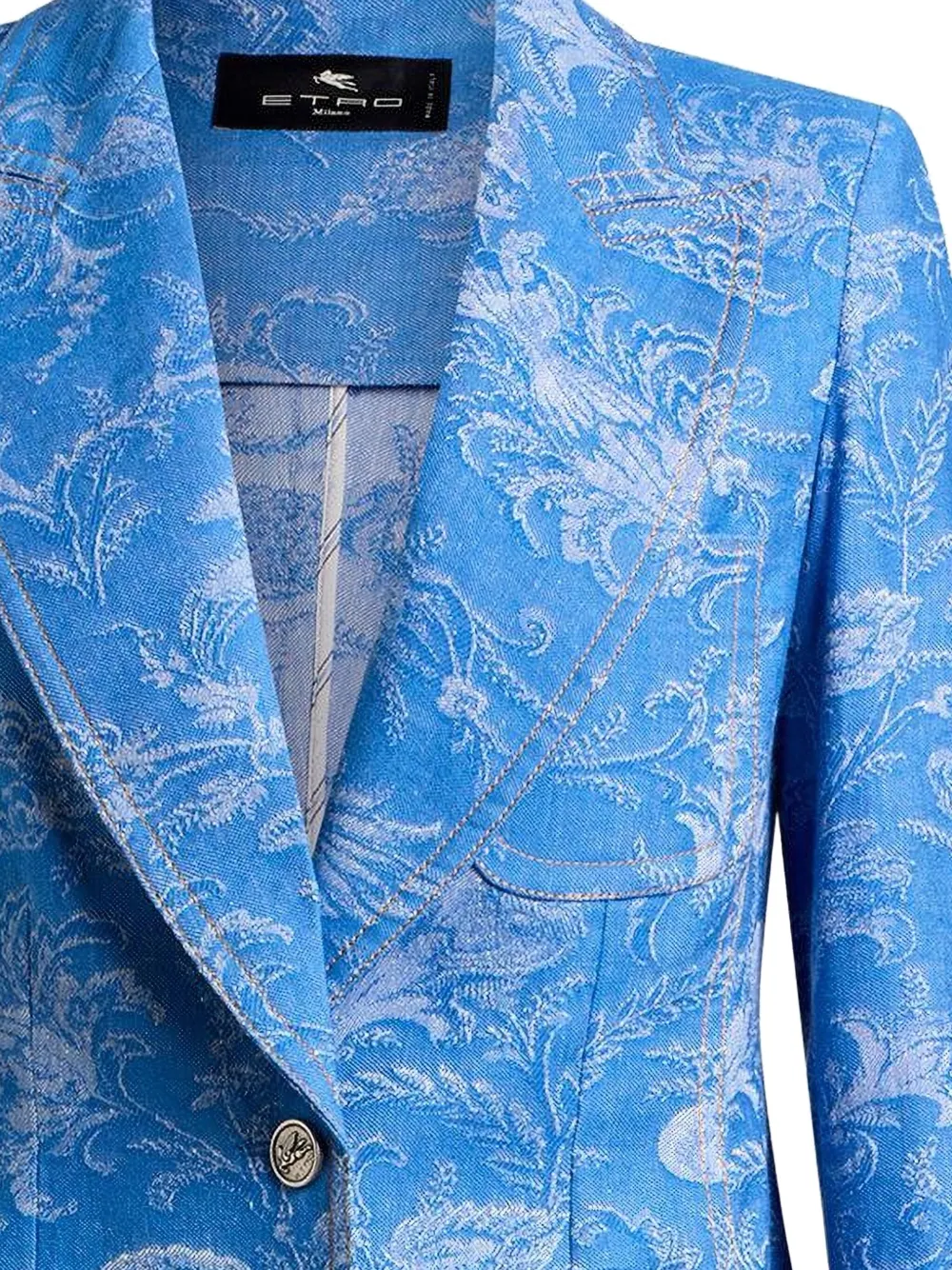 Etro Printed-brocade Jacket In Blue