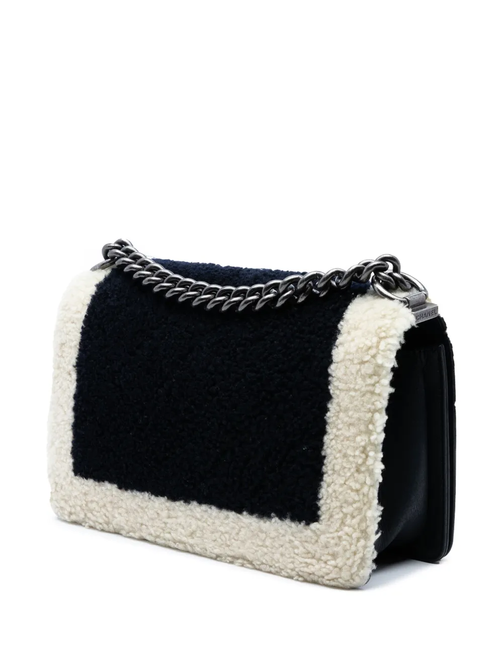 Pre-owned Chanel 2015-2016 Old Medium Bicolor Shearling Boy Flap Crossbody Bag In Black
