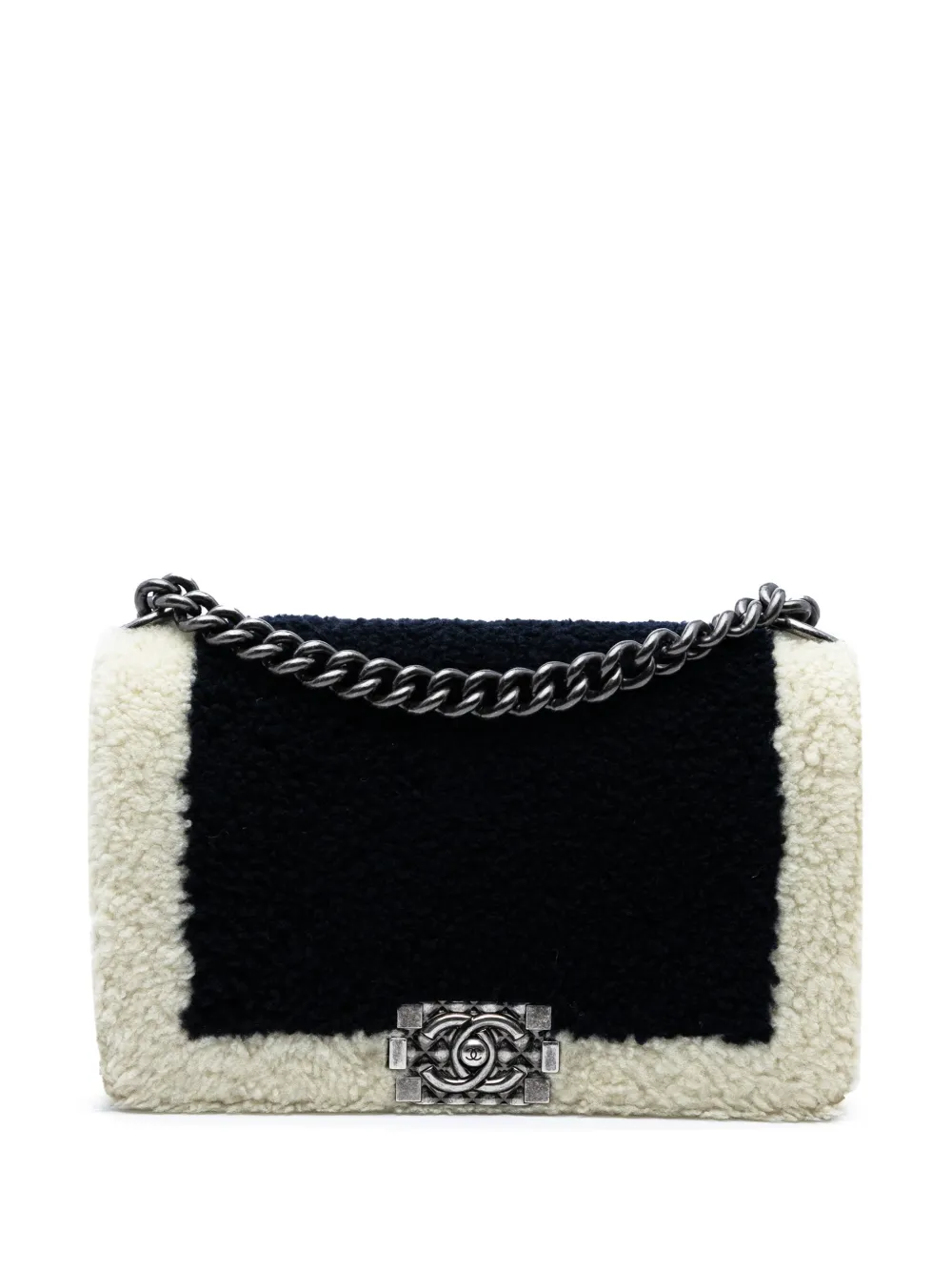 Pre-owned Chanel 2015-2016 Old Medium Bicolor Shearling Boy Flap Crossbody Bag In Black