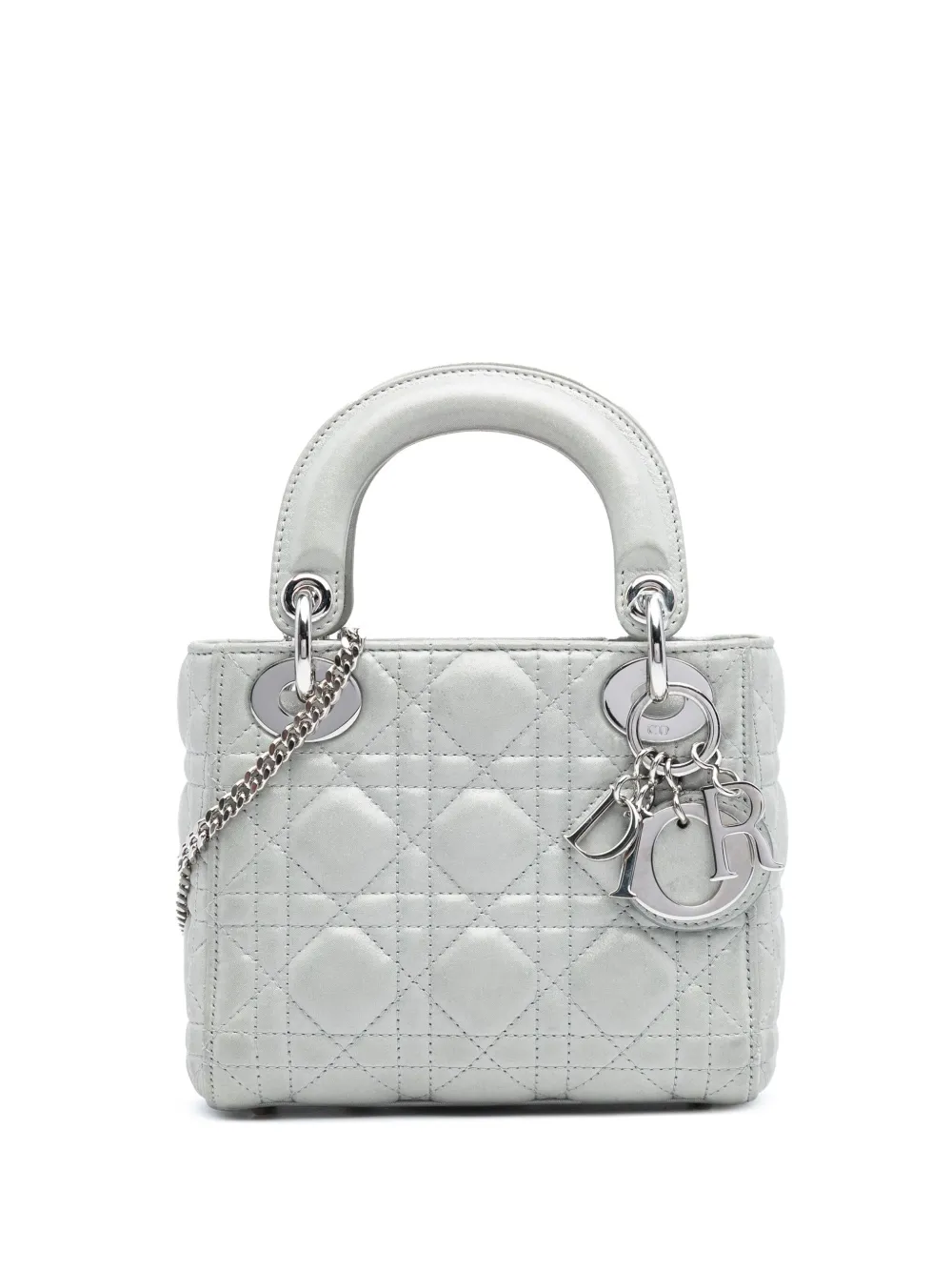 Pre-owned Dior 2016 Mini Iridescent Lambskin Cannage Lady  Satchel In Silver