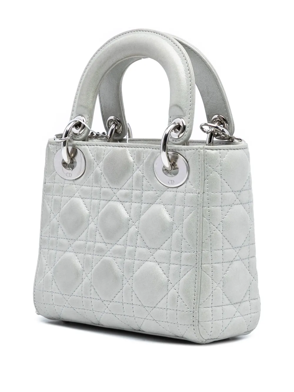 Pre-owned Dior 2016 Mini Iridescent Lambskin Cannage Lady  Satchel In Silver