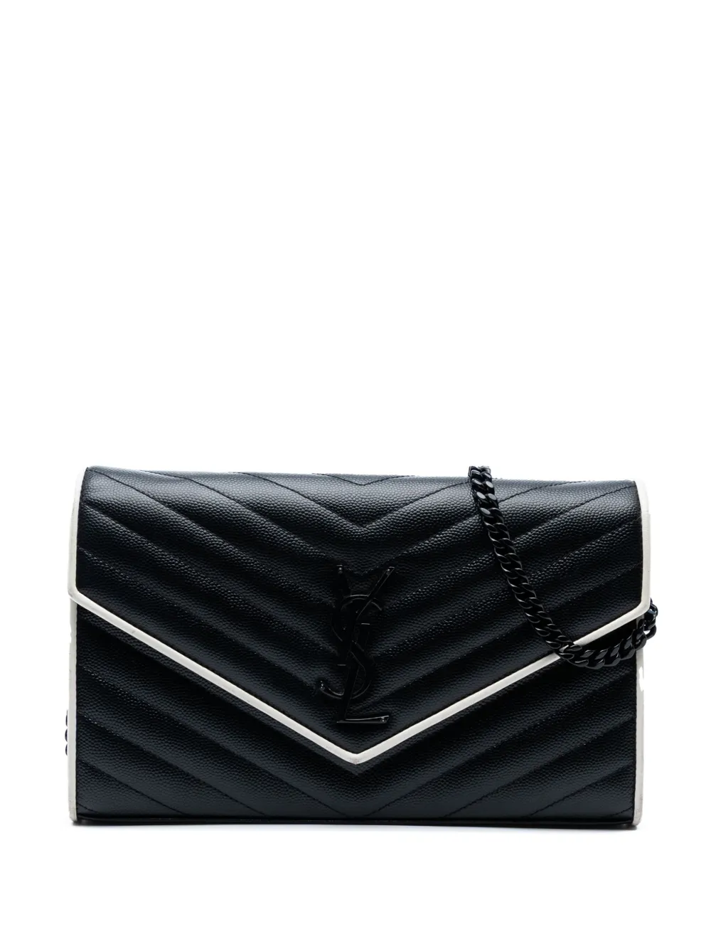 Pre-owned Saint Laurent 2016 Grain De Poudre Matelasse Chevron Monogram Chain Wallet Crossbody Bag In Black
