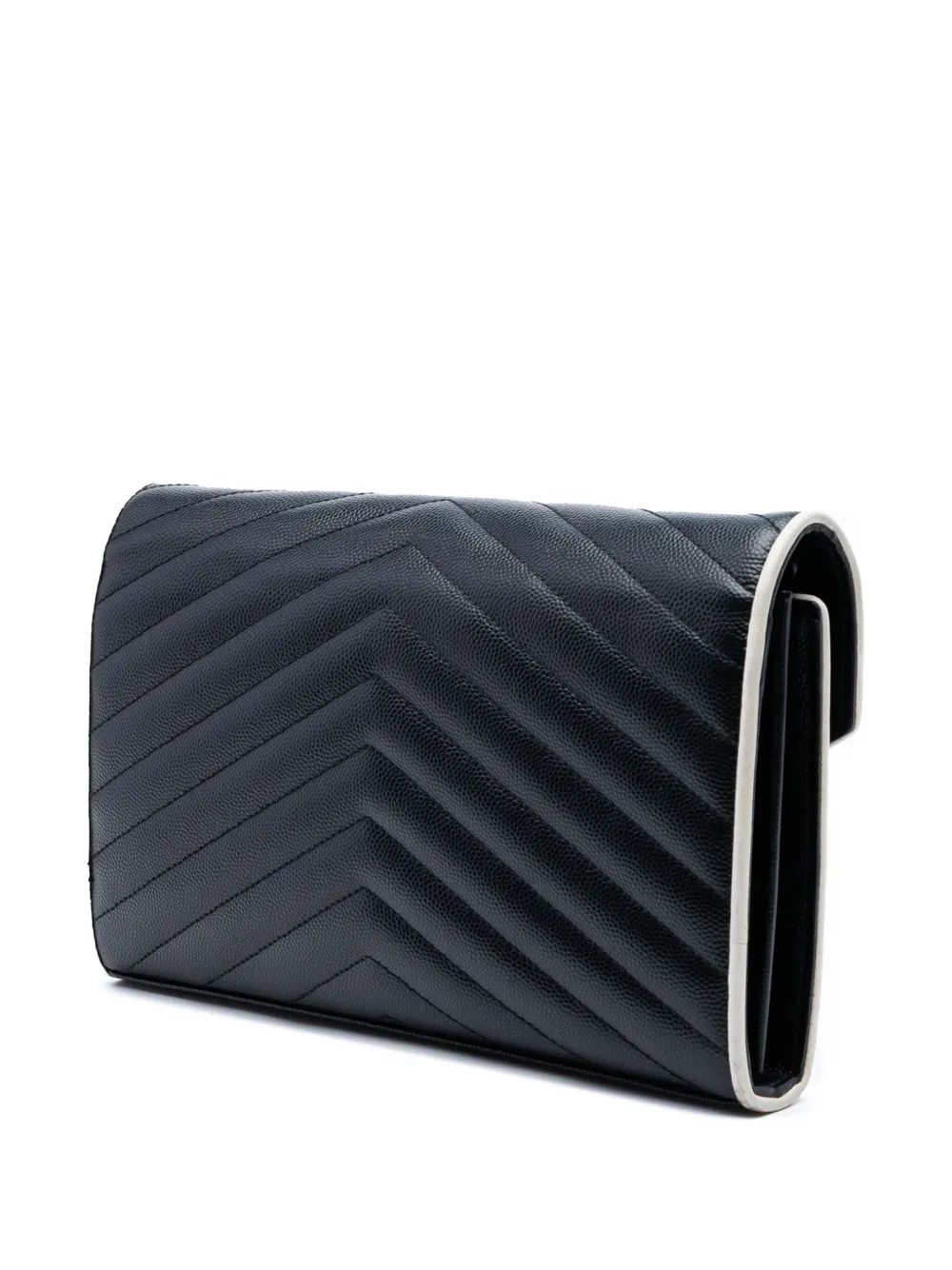 Pre-owned Saint Laurent 2016 Grain De Poudre Matelasse Chevron Monogram Chain Wallet Crossbody Bag In Black