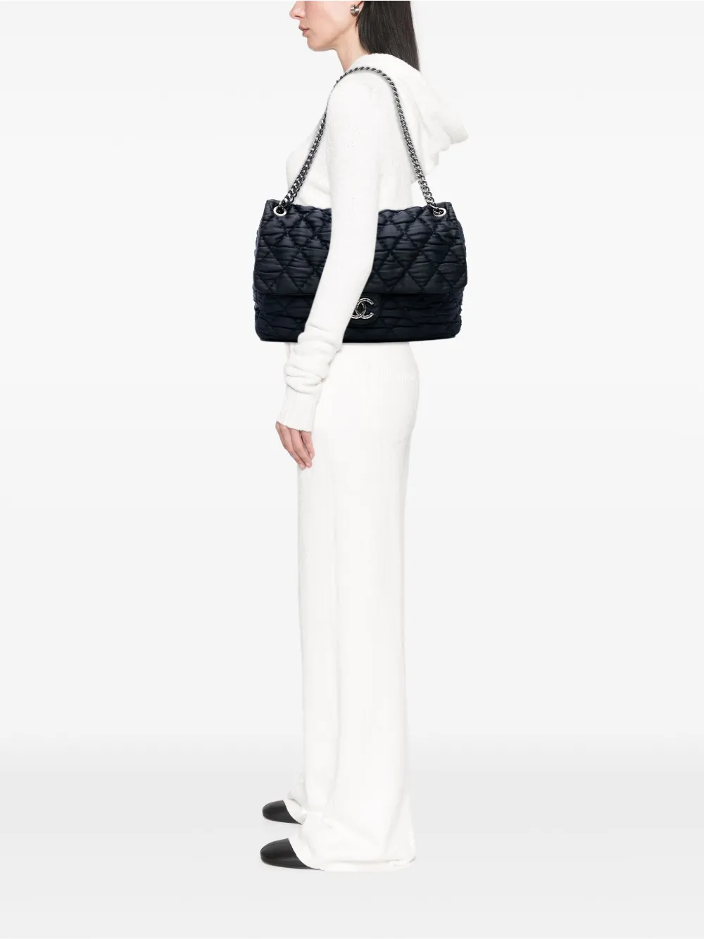 Pre-owned Chanel 2009-2010 Extra Large Cc Quilted Satin Single Flap Shoulder Bag In Blue
