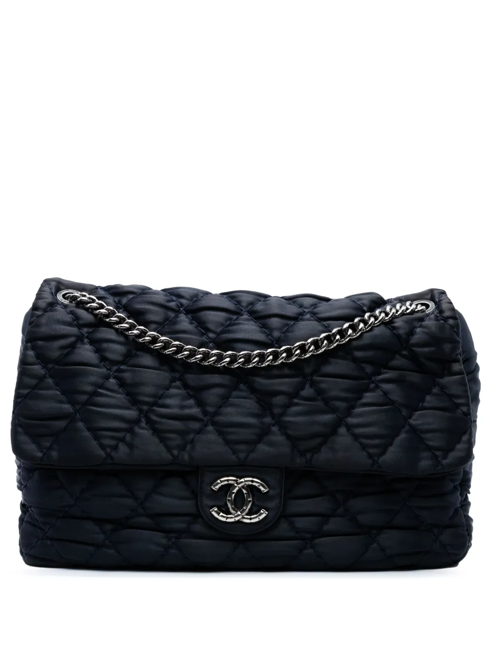 Pre-owned Chanel 2009-2010 Extra Large Cc Quilted Satin Single Flap Shoulder Bag In Blue