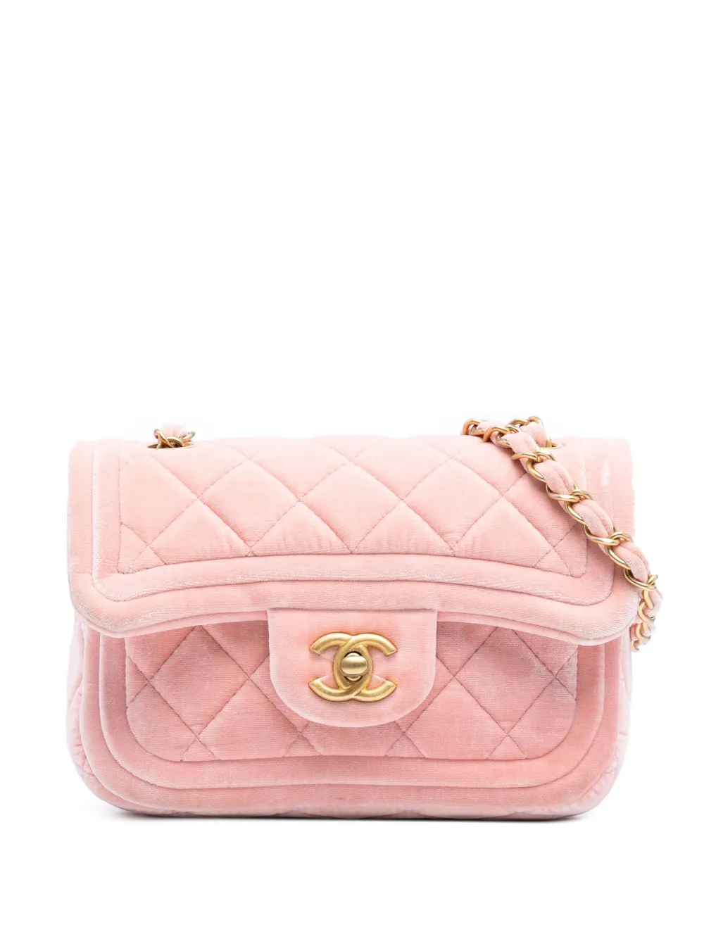 Pre-owned Chanel 2021-2025 Mini Quilted Velvet Double Frame Flap Crossbody Bag In Pink