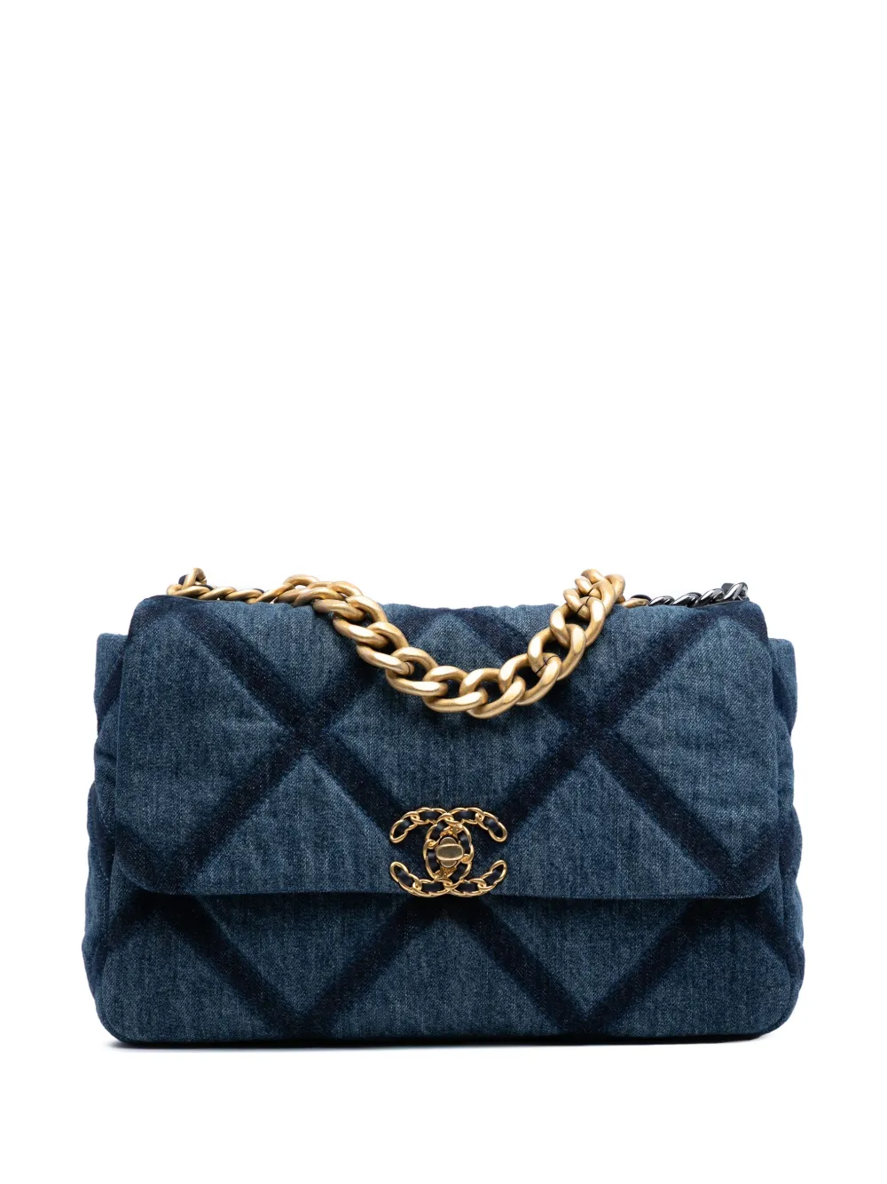 Pre-owned Chanel 2021-2025 Large Denim 19 Flap Satchel In Blue
