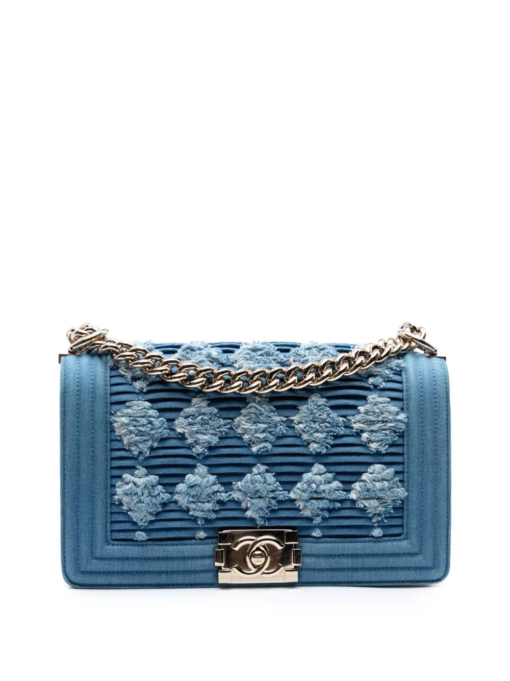 Pre-owned Chanel 2019 Old Medium Pleated Denim Boy Flap Crossbody Bag In Blue