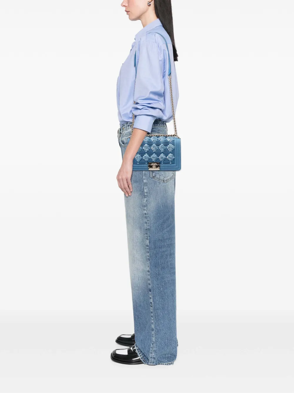 Pre-owned Chanel 2019 Old Medium Pleated Denim Boy Flap Crossbody Bag In Blue